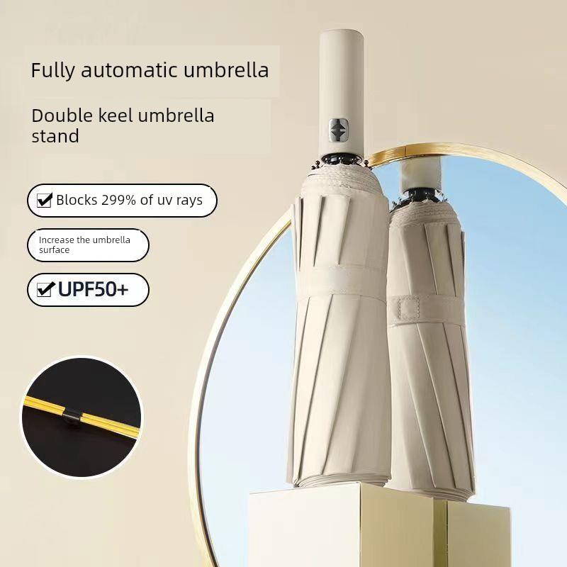 12-Rib Black Rubber Fully Automatic Folding Umbrella for Sun and Rain, Bulk Quantity, 70% off Sunshade Umbrellas with Logo Printing, Gift and