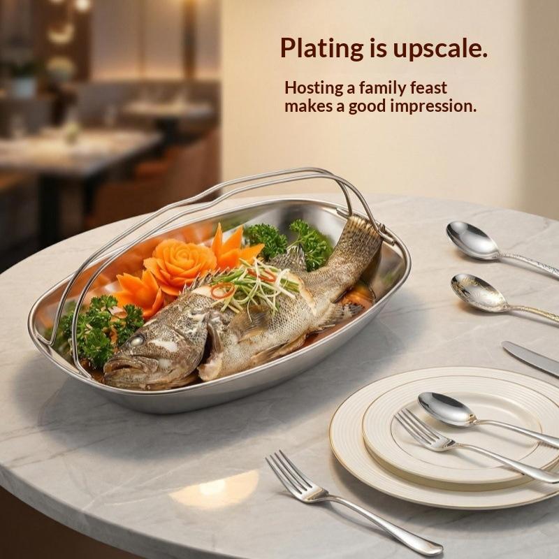 Stainless Steel Fish Serving Plate Thickened Heat-Resistant Steaming Tray Large Capacity With Handle Steaming Fish Plate Dining