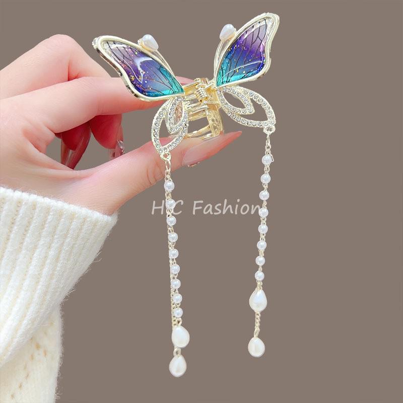 Elegante Schmetterlingsquaste Haarspange – Chinesischer Stil Halb-Pferdeschwanz Klauenclip für Damen