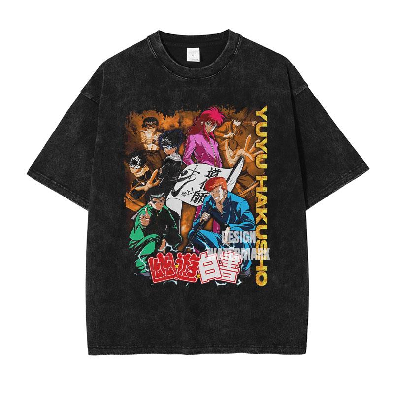 Anime Yu Yu Hakusho Graphic Tshirts Urameshi Yuusuke Manga T Shirt Washed Oversized Tshirt Short Sleeve Cotton Tee Man Clothing