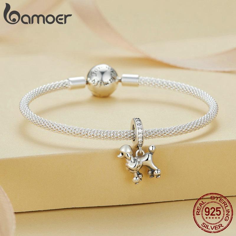Bamoer 925 Silver Lovely Pet Series Poodle Hanging Bead Bulldog Charms for Women Bracelet and Necklace DIY Fine Jewelry