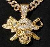 Gothic Bling 3D Pirate Skull Pendant Cuban Link Necklace 14K Gold Silver Plated Iced Punk Men Gift Statement Zinc Alloy Jewelry