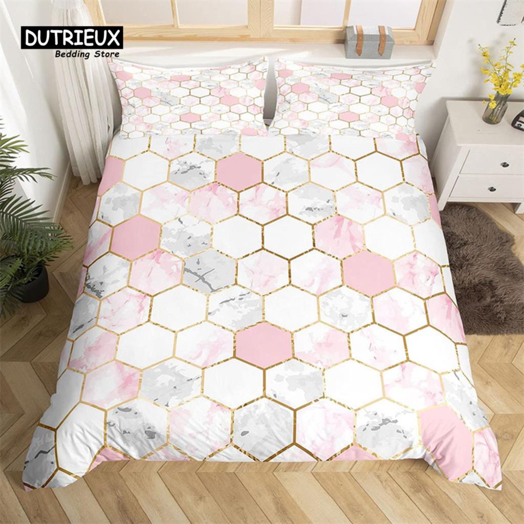 Marble Duvet Cover Set Microfiber Geometric Hexagone Quilt Cover Honeycomb Bedding Set Single King Queen For Kids Teens Adults