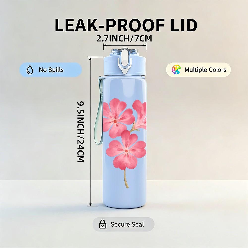 1PC Pink Cherry Blossom Flower Branch Print 750ml Color Plastic Sports Water Bottle Leakproof Flip Straw Lid Suitable for Sports Office Home Use
