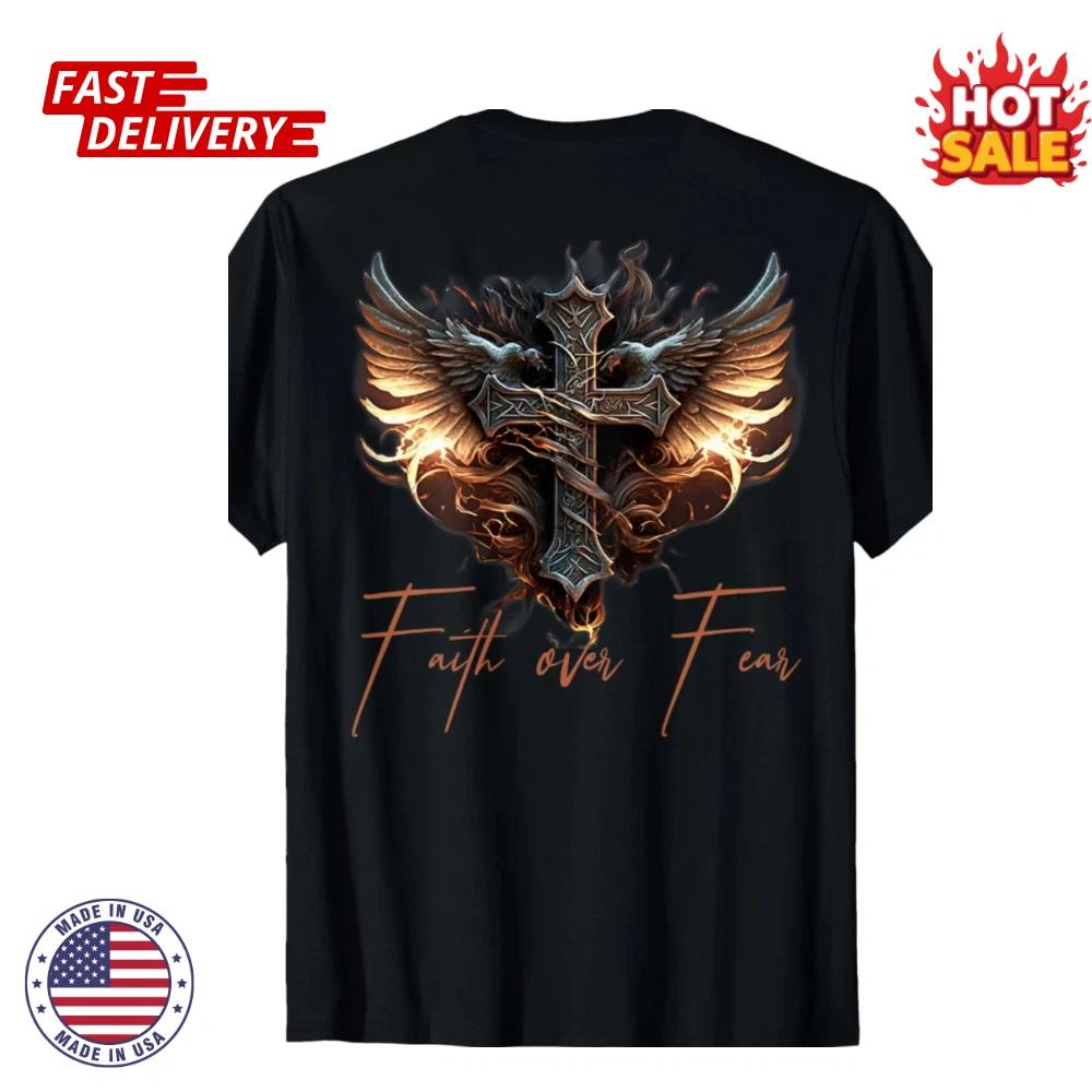 

Men s Faith Over Fear Graphic Inspired T shirts with Angel Wings & Cross Design L