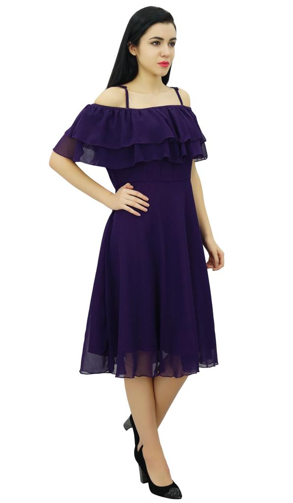 Bimba Women's Solid Georgette Off Shoulder Ruffle Plain Shift Dress