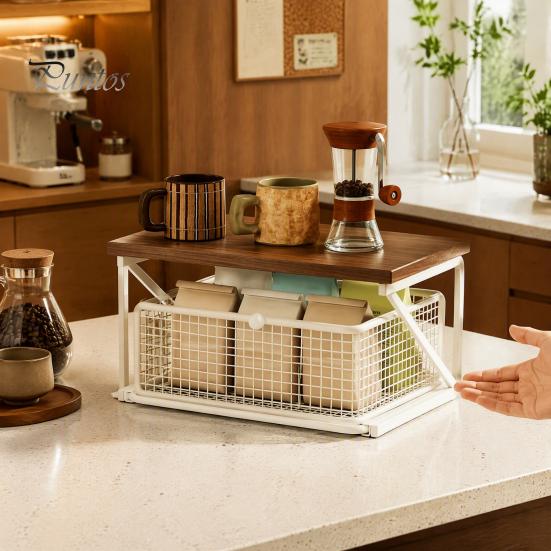 Coffee Pods Holder Station Organizer with Drawer, Tiered Bar Organizer, Wooden Top Shelf, Countertop Storage Rack Wire Mesh Drawers for Tea