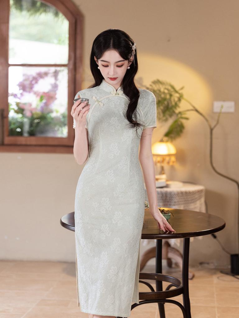 1011 Spring and Summer French Long Cheongsam Young Girl Improved Retro Celebrity Temperament Daily Lace Dress