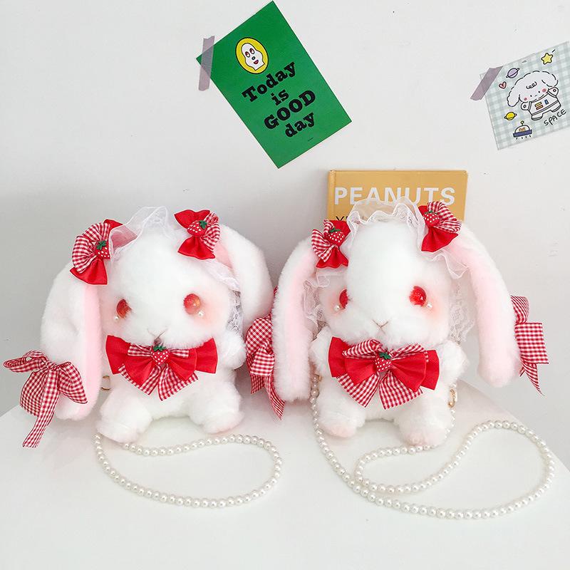 Cartoon Rabbit Plush Crossbody Bag with Pearl Chain
