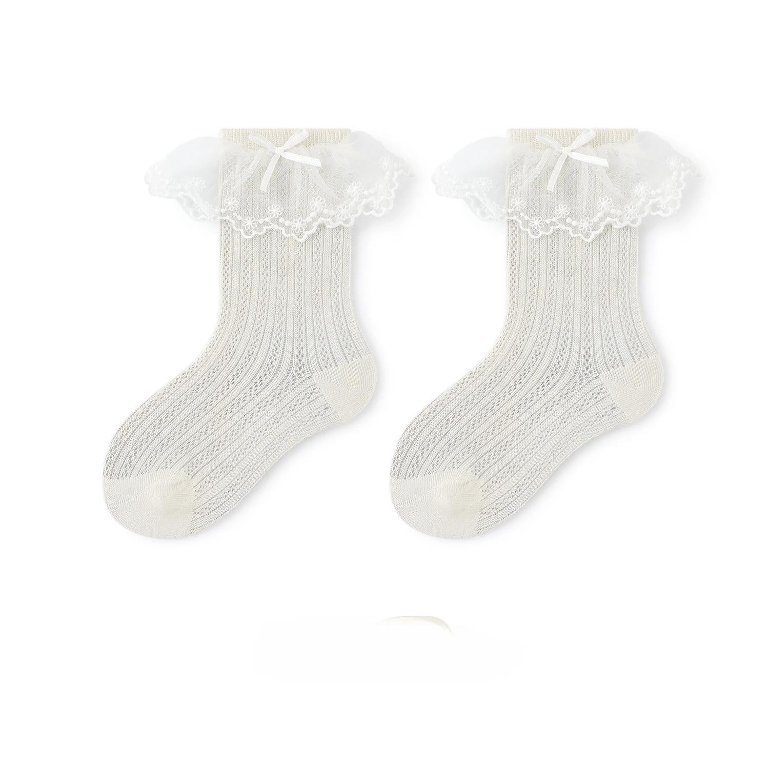 

Summer Sweet Princess Sock for Kids Girl Fashion Solid Color Ruffle Bow Calf Sock Baby Thin Breathable Soft Cotton Sock M (1-3 Year) бежевый