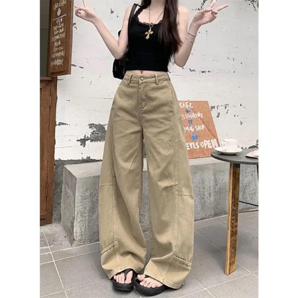 Women's High Rise Barrel Leg Pants Loose Fit Vintage Khaki Washed Denim Jeans Summer Floor Length Wide Leg Trousers