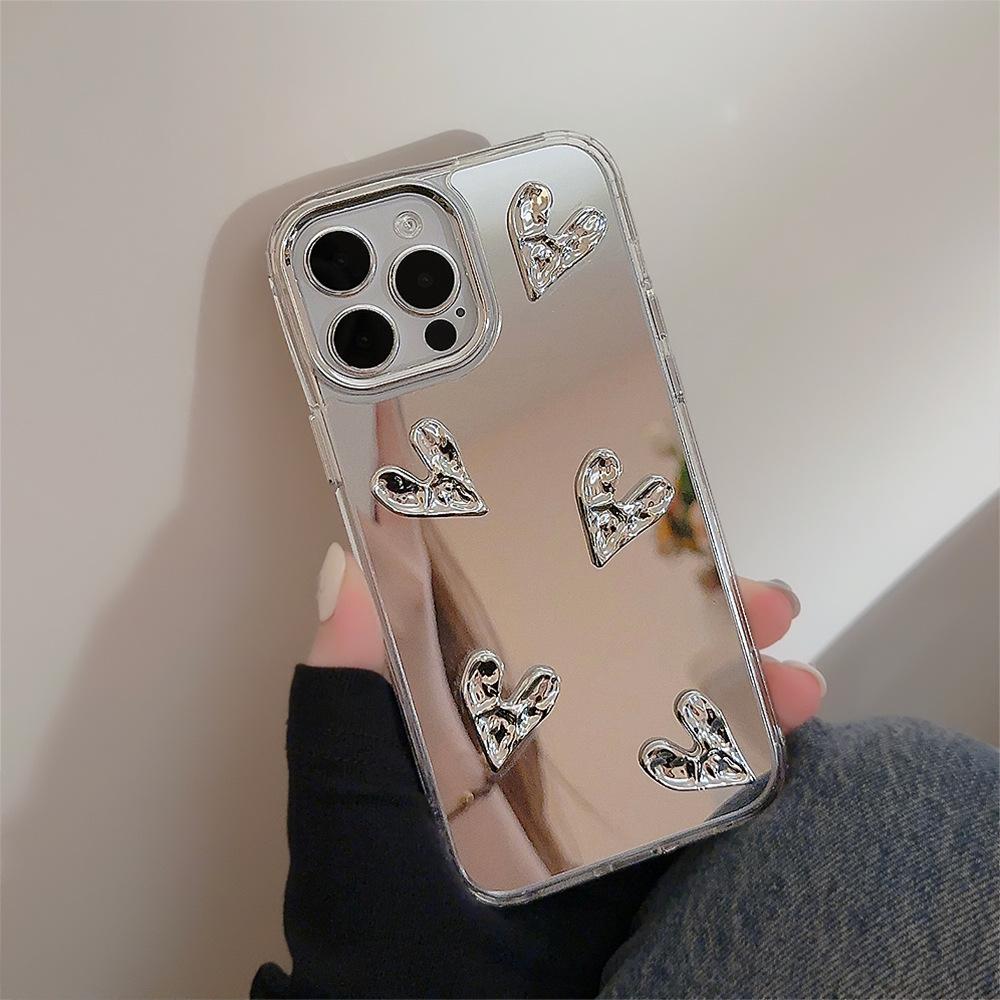 3D Electroplated Heart 13 Case for iPhone 17/15 Pro Max, Mirror Surface iPhone 16, High-end 14 Hard Case