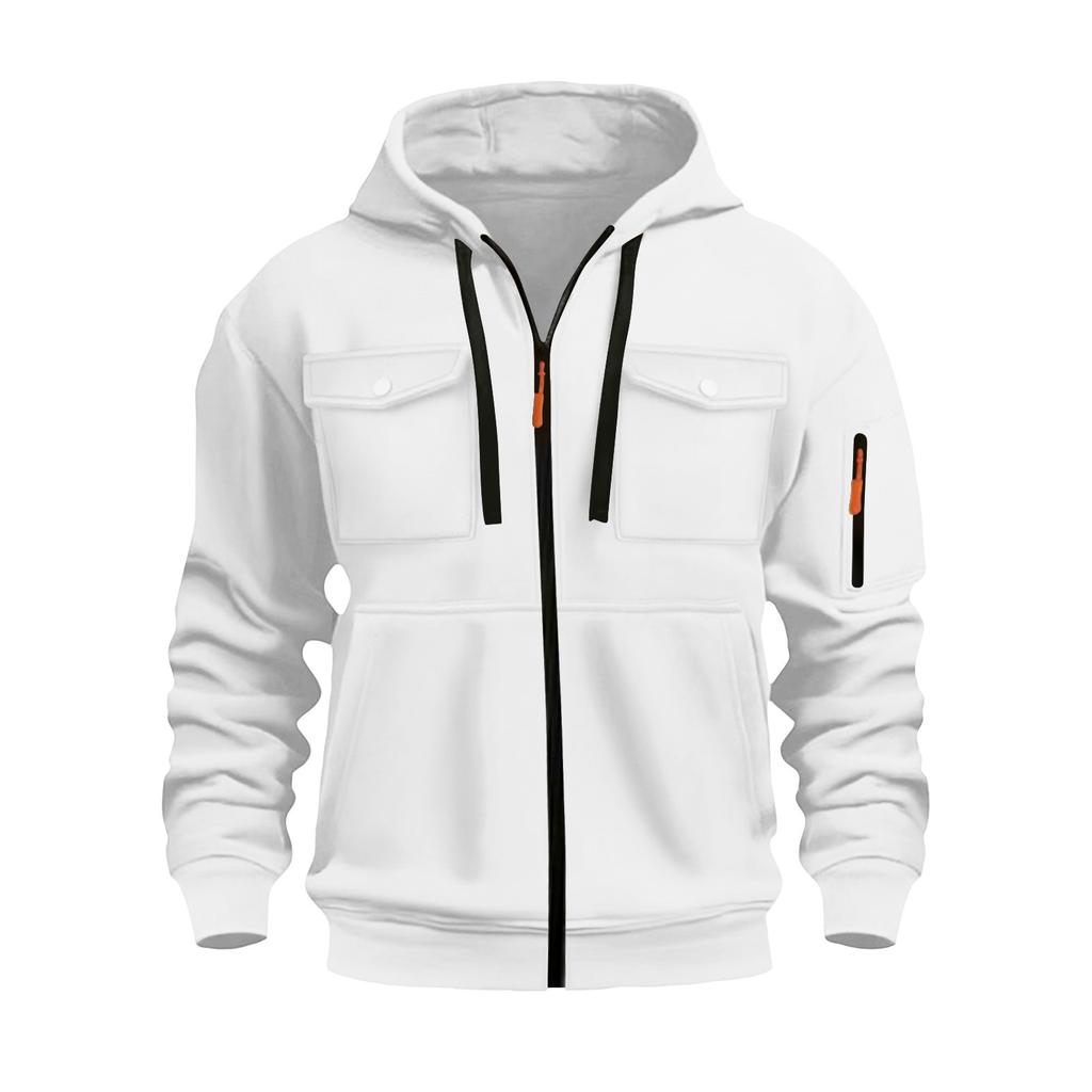Moletom com Capuz Zíper Multibolsos Cardigan Masculino Esportivo Tamanho Grande Casual