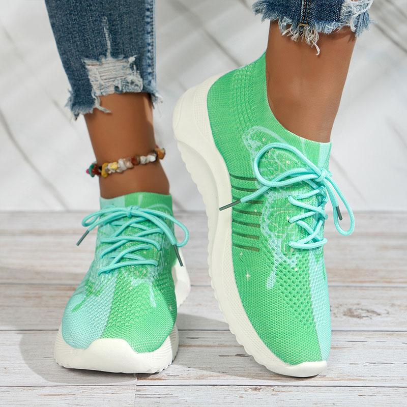 Damen Sneaker Schmetterlingsdruck Sportschuhe Mode Strickstoff Mesh Trainer Weiche Dicke Sohle Walking Jogging Laufschuhe
