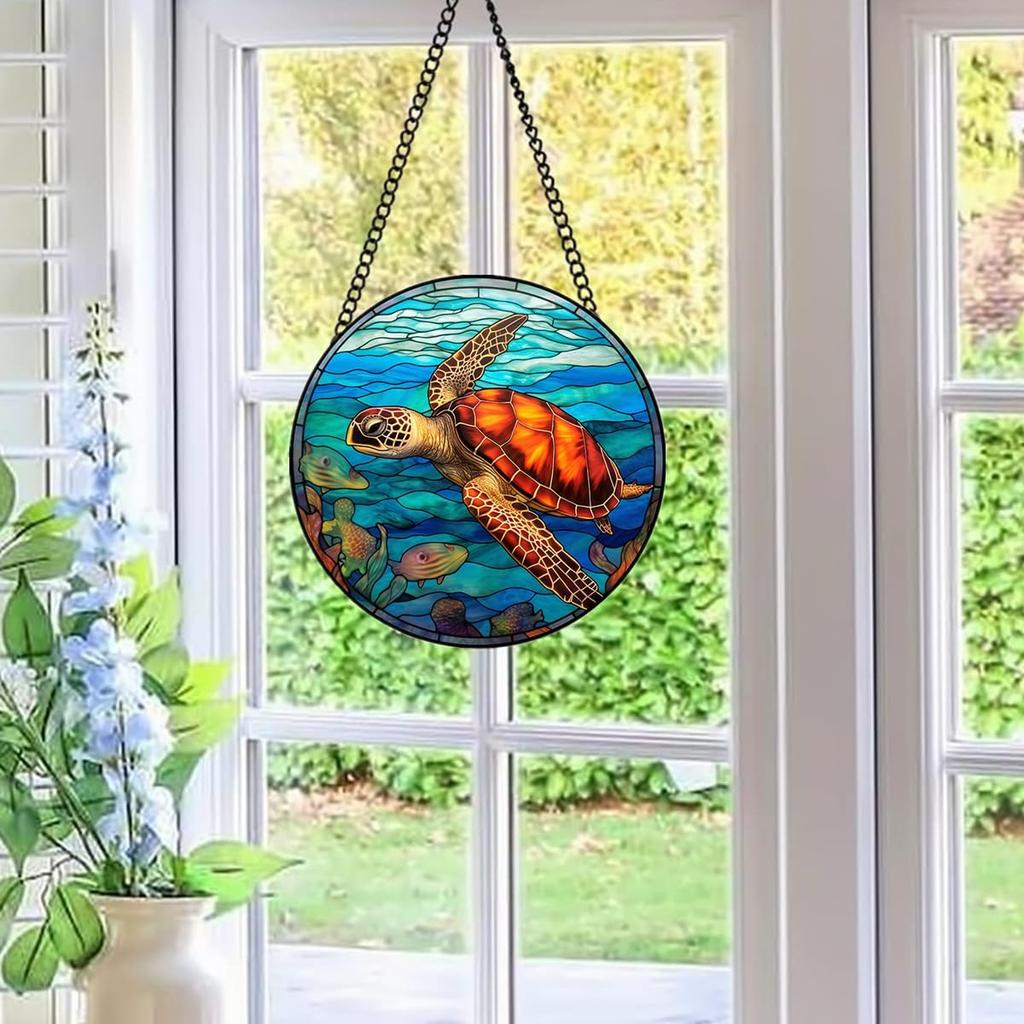 Sea Turtles Stained Window Hanging, 11.81 in Large Acrylic Suncatcher Window Panel Double-Sided Marine Animals Wall Decor for Cafe Home, Gift for