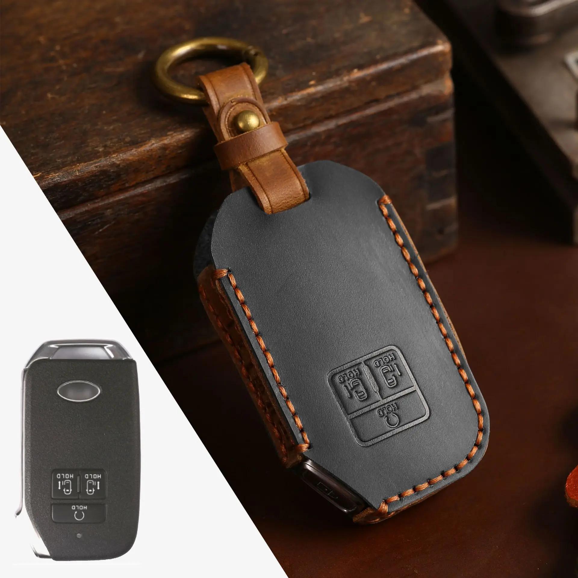 

Leather Key Fob Case for Kia Carnival 7 Buttons with Leather Strap, Anti Scratch Protective Shell чёрный