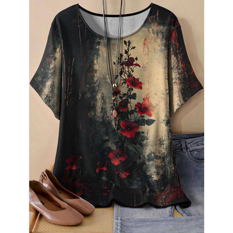 Casual Short Sleeve Round Neck T-Shirt Top Summer Vintage Flowers T Shirt Women Tie Dye 3D Print Loose Fashion Casual V-Neck