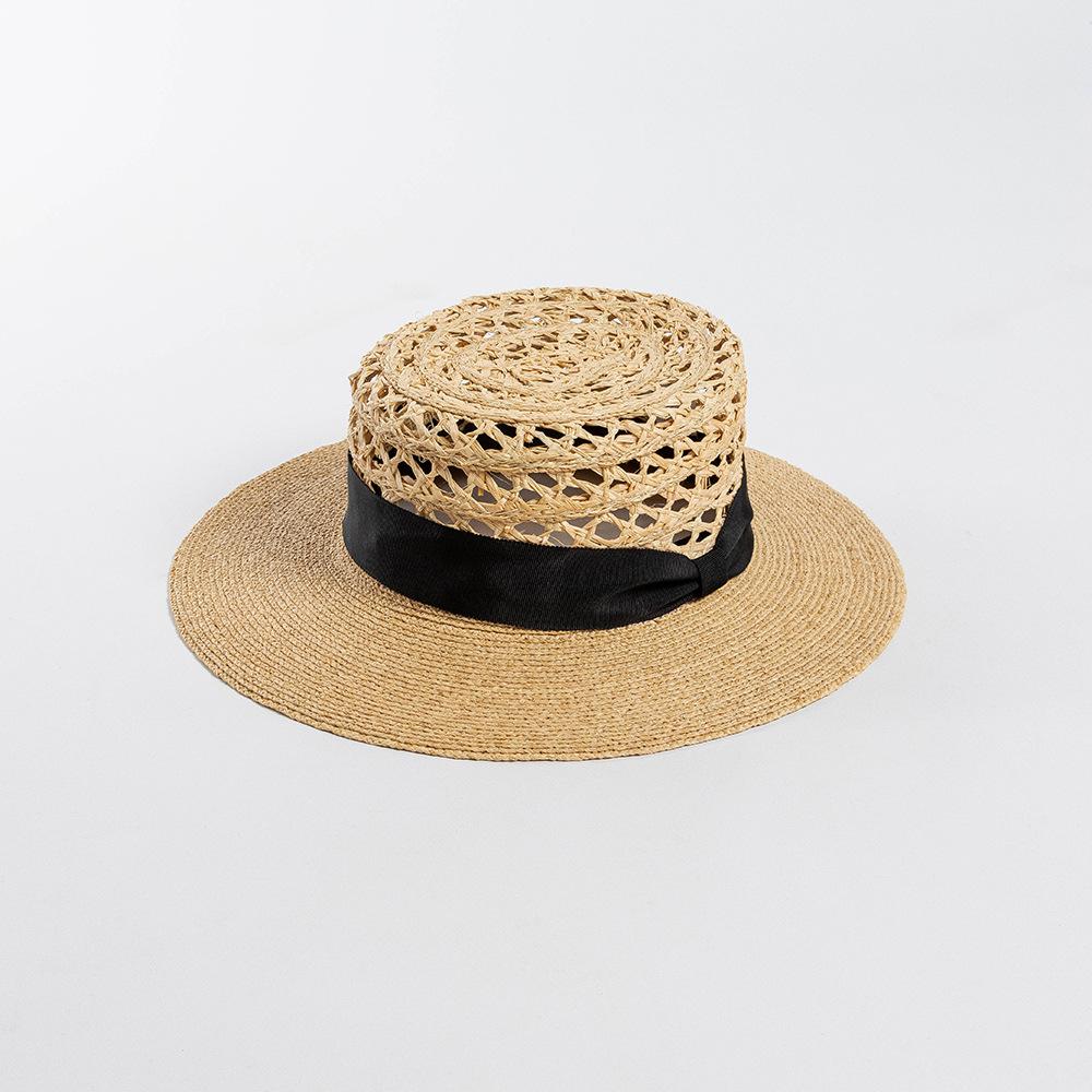 Spring and summer new fashion casual webbing bow hand-woven hollow splicing raffia flat top hat sunshade straw hat tide