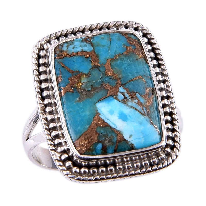 Natürlicher blauer Kupfer-Türkis-Edelstein, 925er Sterling-Silberring, Größe 7,5, N4R48