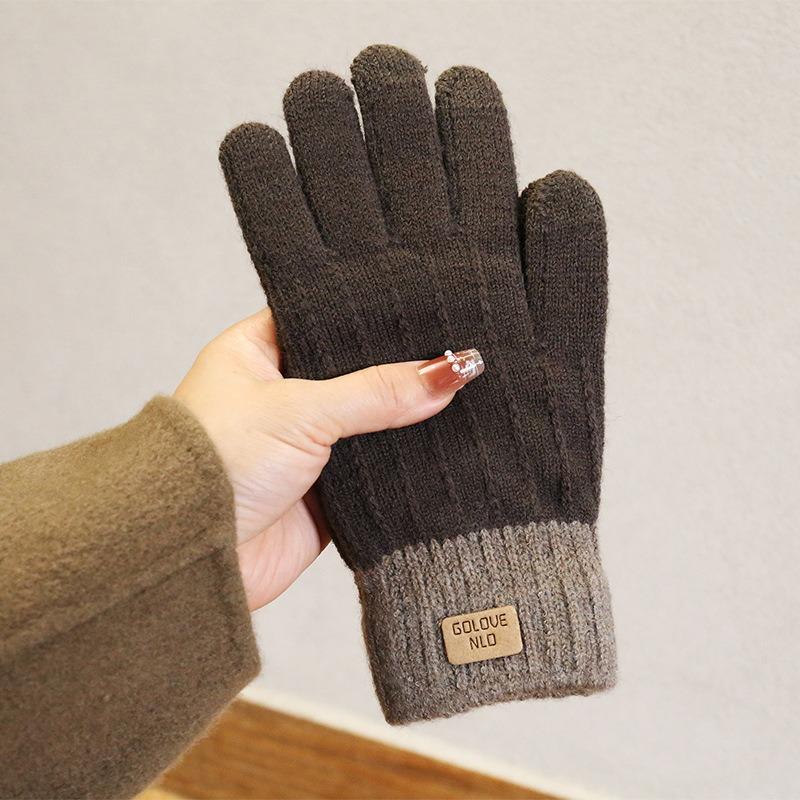 Camel Wool Knitted Gloves Women's Autumn and Winter Warm Outdoor Antifreeze Full Finger Gloves Piled and Thickened