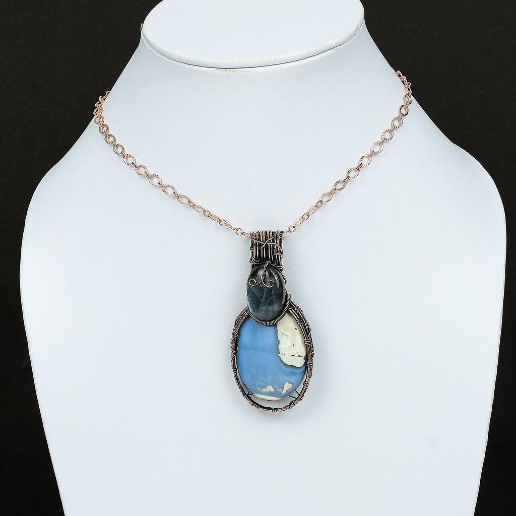 Pandantiv Opal Albastru Owyhee Pandantiv Înfășurat în Sârmă de Cupru Pandantiv cu Piatră Prețioasă Făcut Manual Bijuterii cu Labradorit Pandantiv Înfășurat în Sârmă Bijuterii din Cupru Pentru Cadou