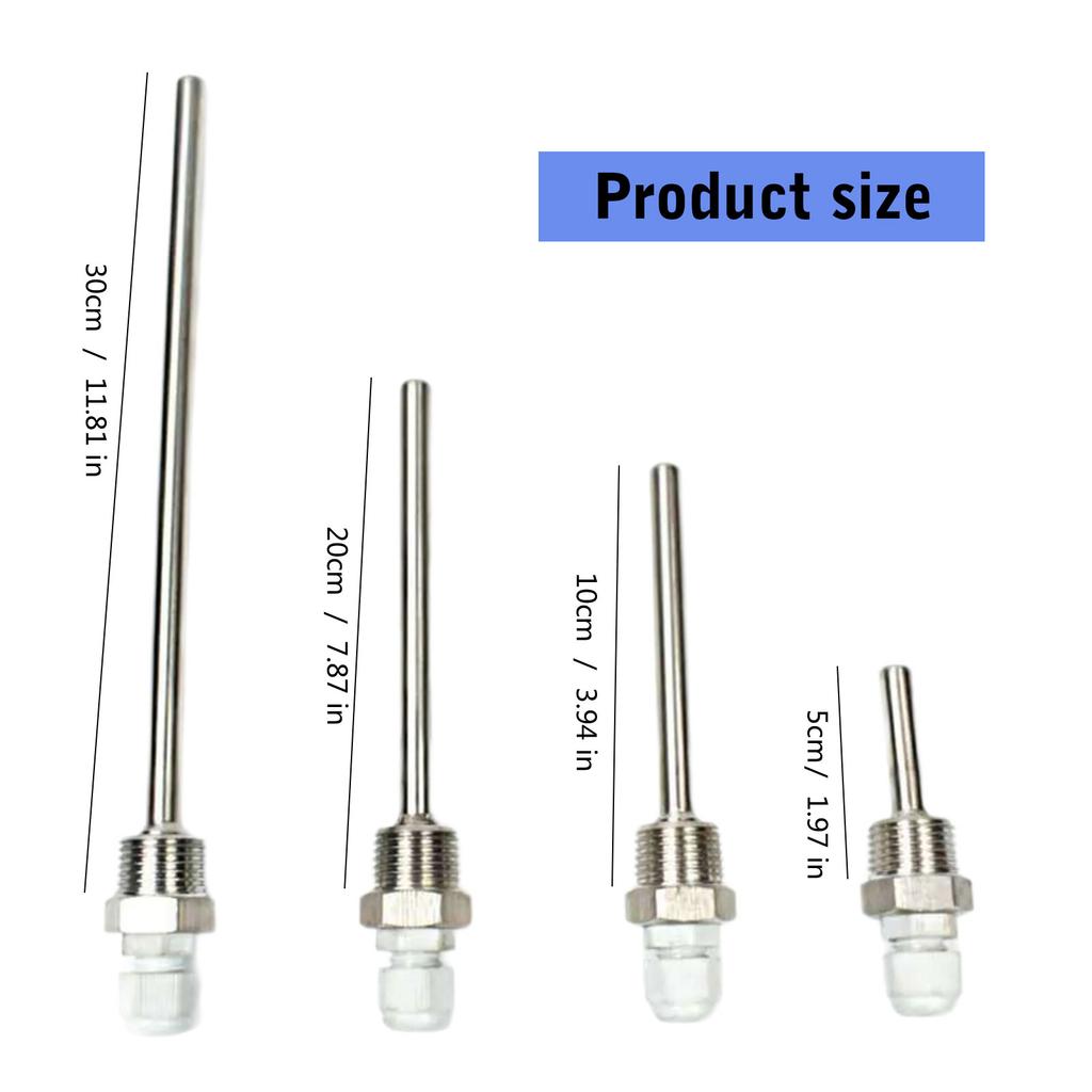 2pcs 50/100/200/300mm Immersion Sleeve Temperature Sensor 1/2in Thread Immersion Sleeve Stainless Steel Shell Blind Tube