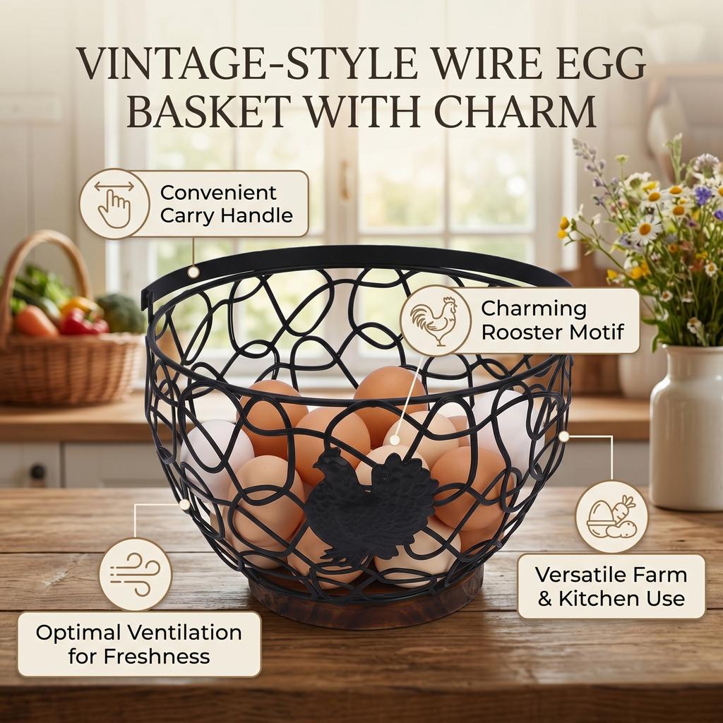 Wire Egg Basket Vintage Multifunctional Metal Egg Storage Basket with Handle for Vegetables Fruits