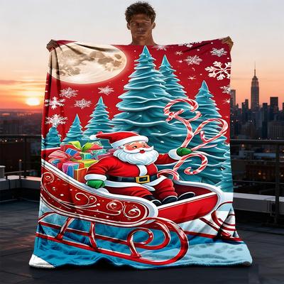 1pc Christmas Santa Claus Outdoor Flannel Blanket Soft All Season Polyester Throw , Perfect for Picnics & Travel , Picnic Accessory