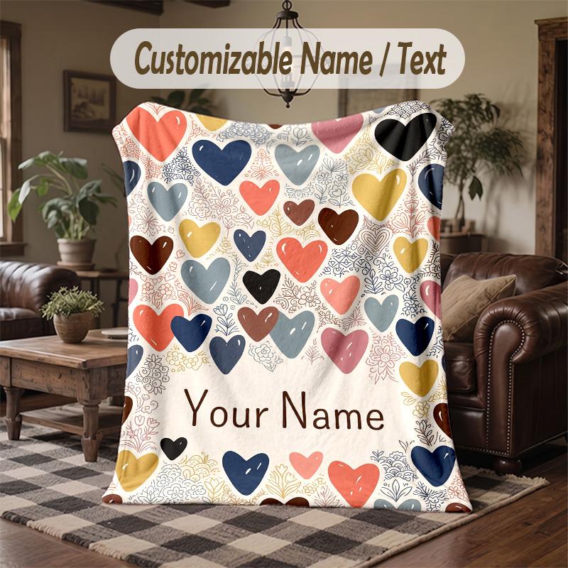 Heartful Whimsy Cat Theme Throw Blanket Custom Name Text Personalized Blanket Soft Cozy Blanket for Home Sofa Bed