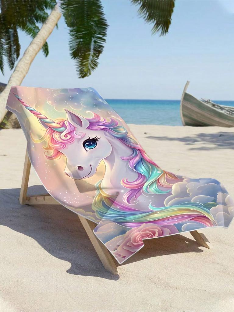 This Oversized Beach Towel Features A Dreamy, Fantasy-Inspired Design With Unicorns And Rainbow