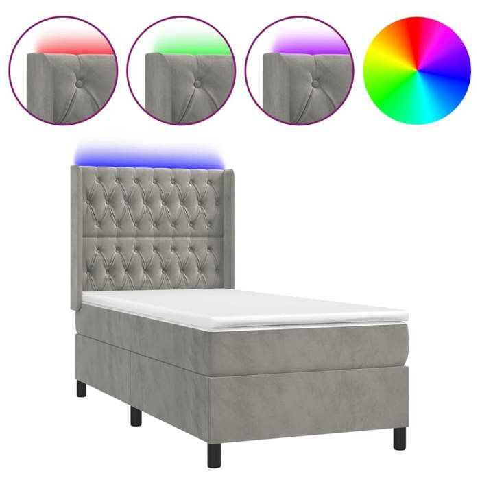 Exclusive House - Slat Bed Base Mattress LED Light Grey 80x200cm Velvet