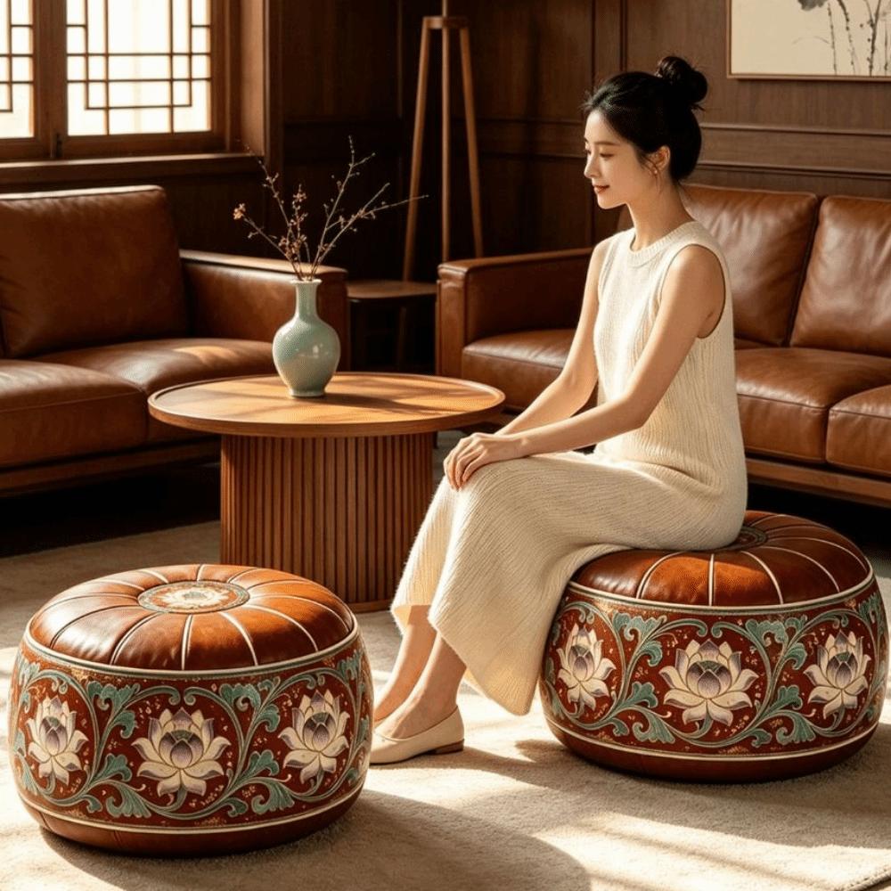 Round Shape Storage Ottoman PU Leather Round Pouf Cover New Floor Seat Cushion Home Use
