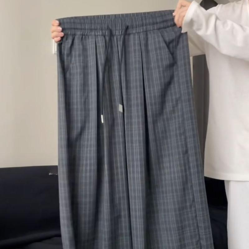 Frühlings-/Sommerliche fließende hochtaillierte karierte Hose mit geradem Bein für Damen - Lässige Weitbein-Hose