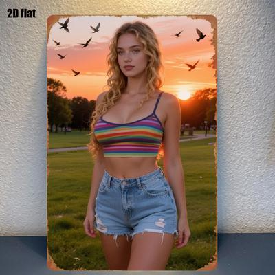 HD Metall Blechschild Schönes Blondes Mädchen im Regenbogen Crop Top Sonnenuntergang Park Szenerie Wandkunst Poster für Heimdekoration