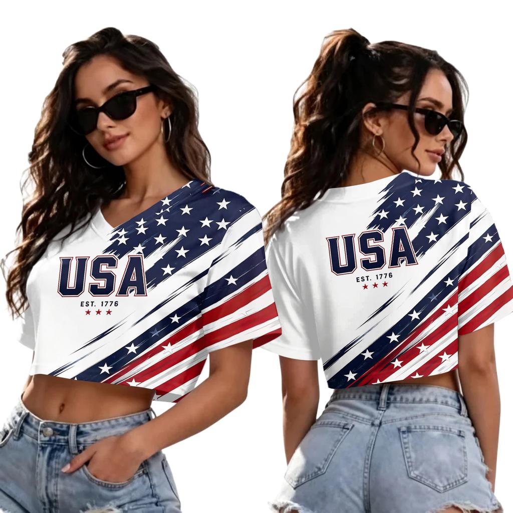 T-shirt court à col en V et manches courtes pour femme, avec imprimé football, pour un look décontracté d'été