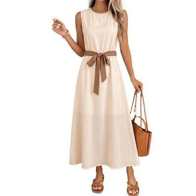 New Simple and Elegant Lace-up Round-neck Fitted Dress with No Sleeves