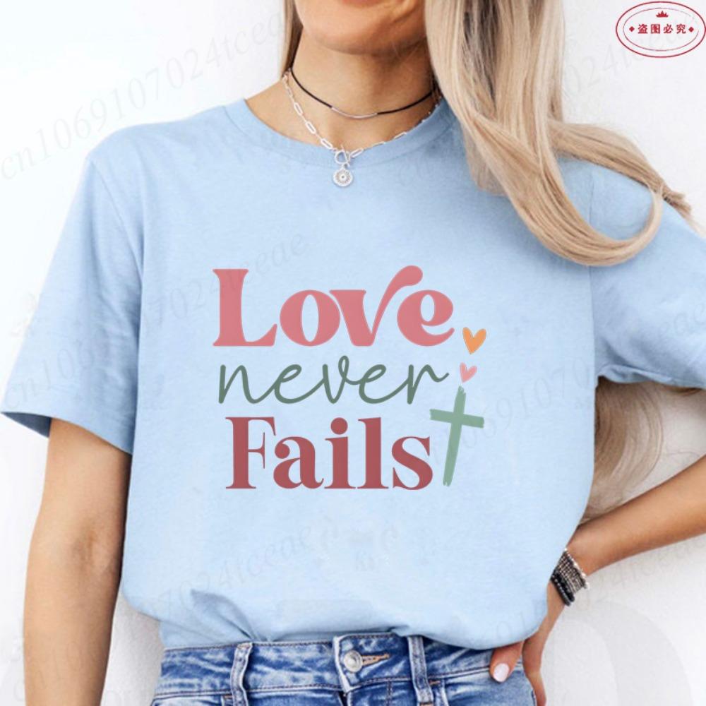 Women's Christian Faith T-Shirt 'Love Never Fails' Retro Color Block Cross Print Tee Casual Short Sleeve O Neck Tops for Church
