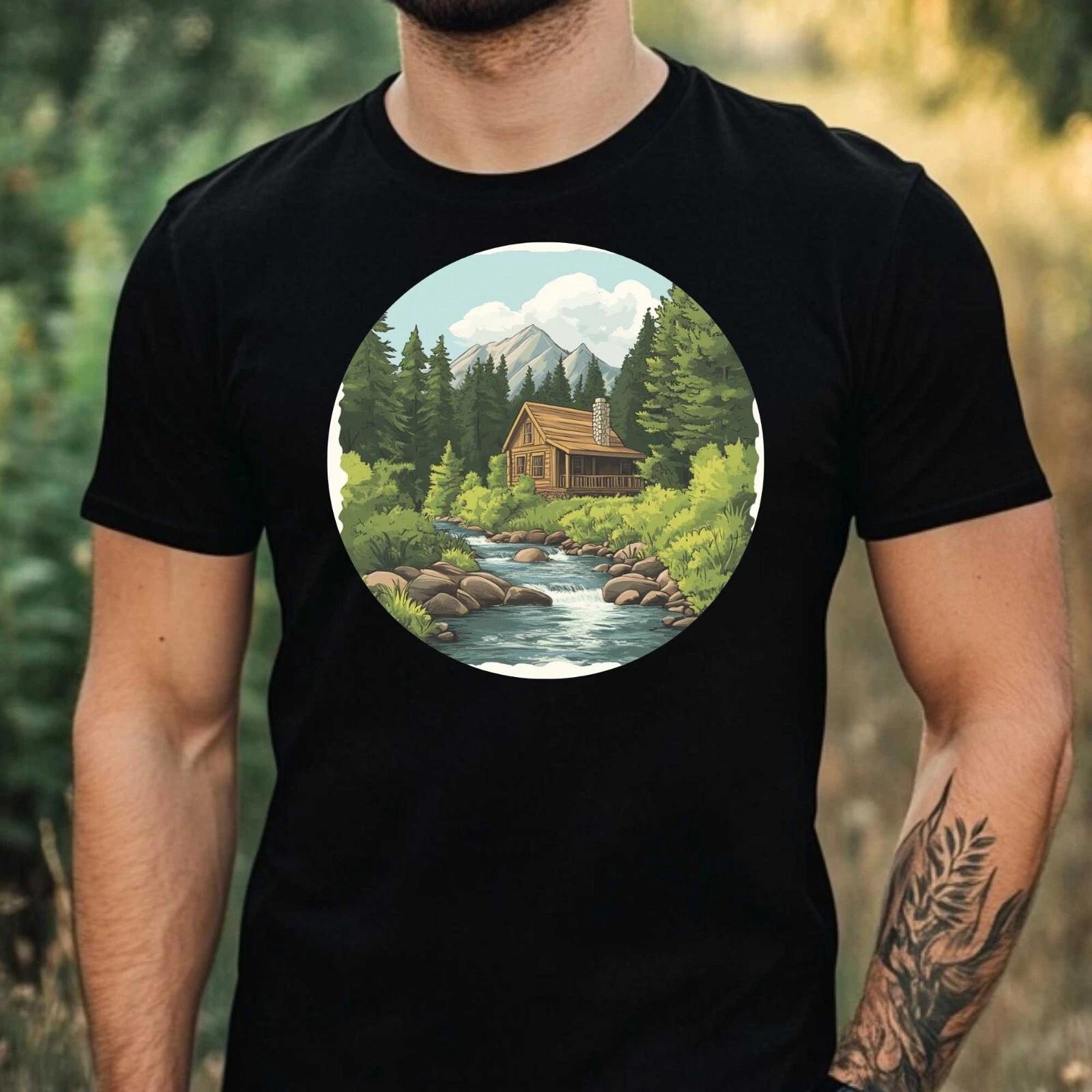 T-Shirt Herren Wald Hütte Motiv Baumwolle Größe XS bis 5XL XS