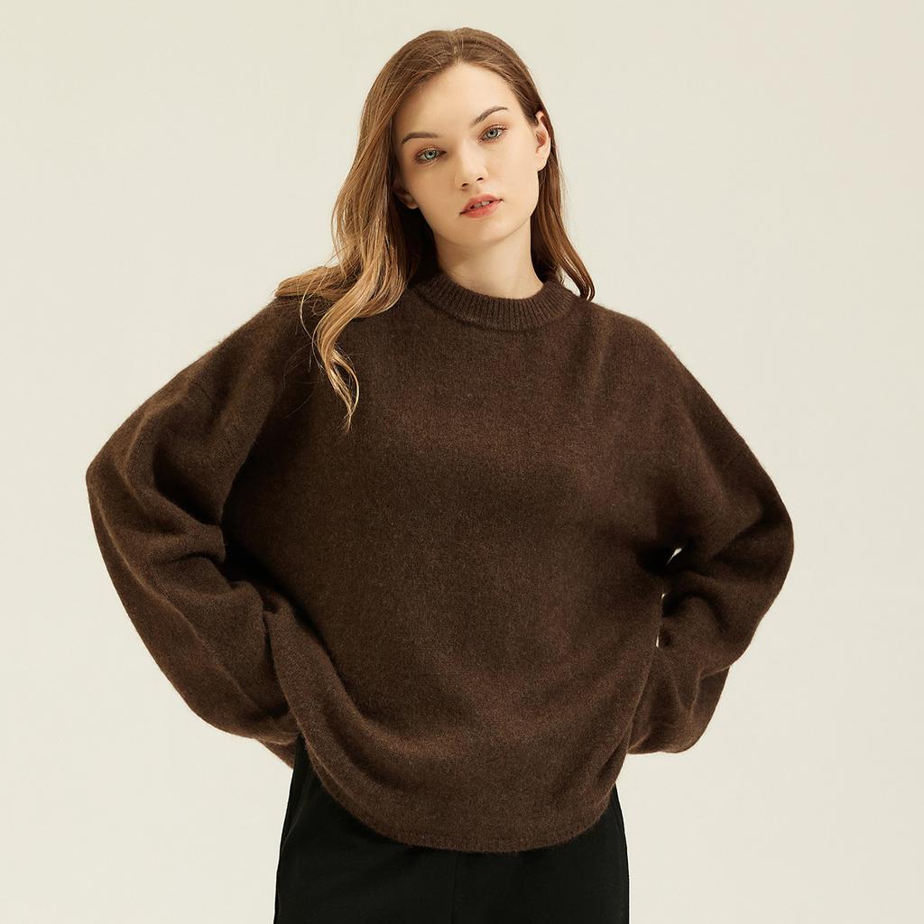 2026 Autumn and Winter Heavy Cashmere Crew Neck Loose Knitted Jumper Sweater Lazy Sweater Women's Yak Down Bottoming Shirt