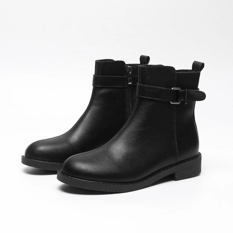 Fashion Belt Buckle Design Ankle Boots for Women Round Toe Soft Leather Side Zip Platform Boots Non-slip Brand Designer Flats