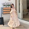 Huge good-looking off-the-shoulder lotus leaf sleeve floral dress for women's summer new fairy fluttering suspender long dress