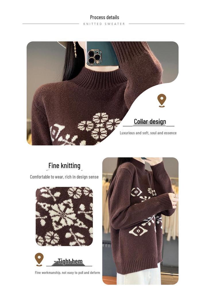 Women's High Neck Snowflake Wool Sweater - Autumn/Winter Color Block Knit Top