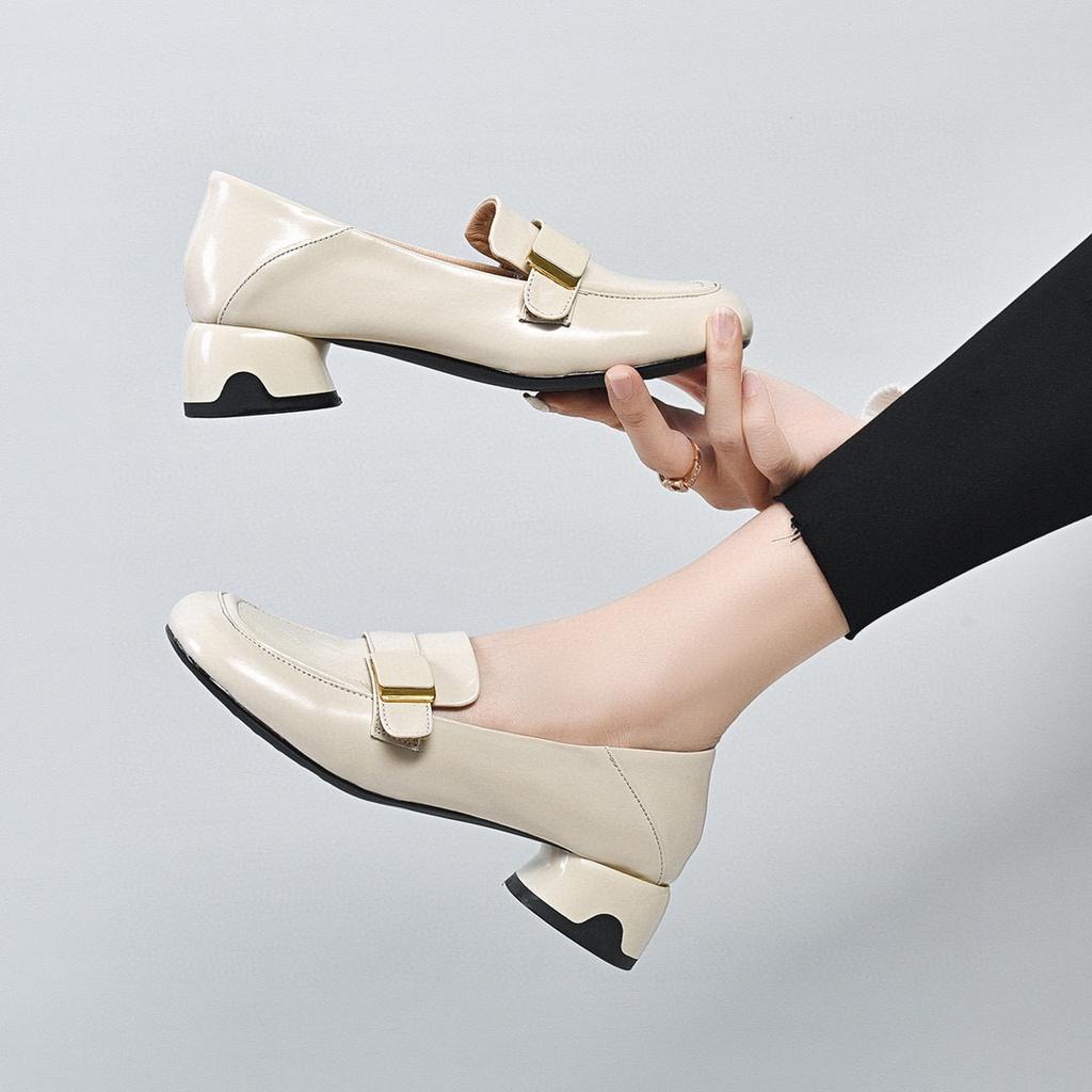 new small leather shoes first layer cowhide patent leather flat bottom low heel single shoes square buckle shallow mouth women's shoes