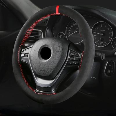Black Suede Red Mark Braid On Steering Wheel Car Steering Wheel Cover  Universal Diameter 15 Inch/38cm Auto Car Accessories