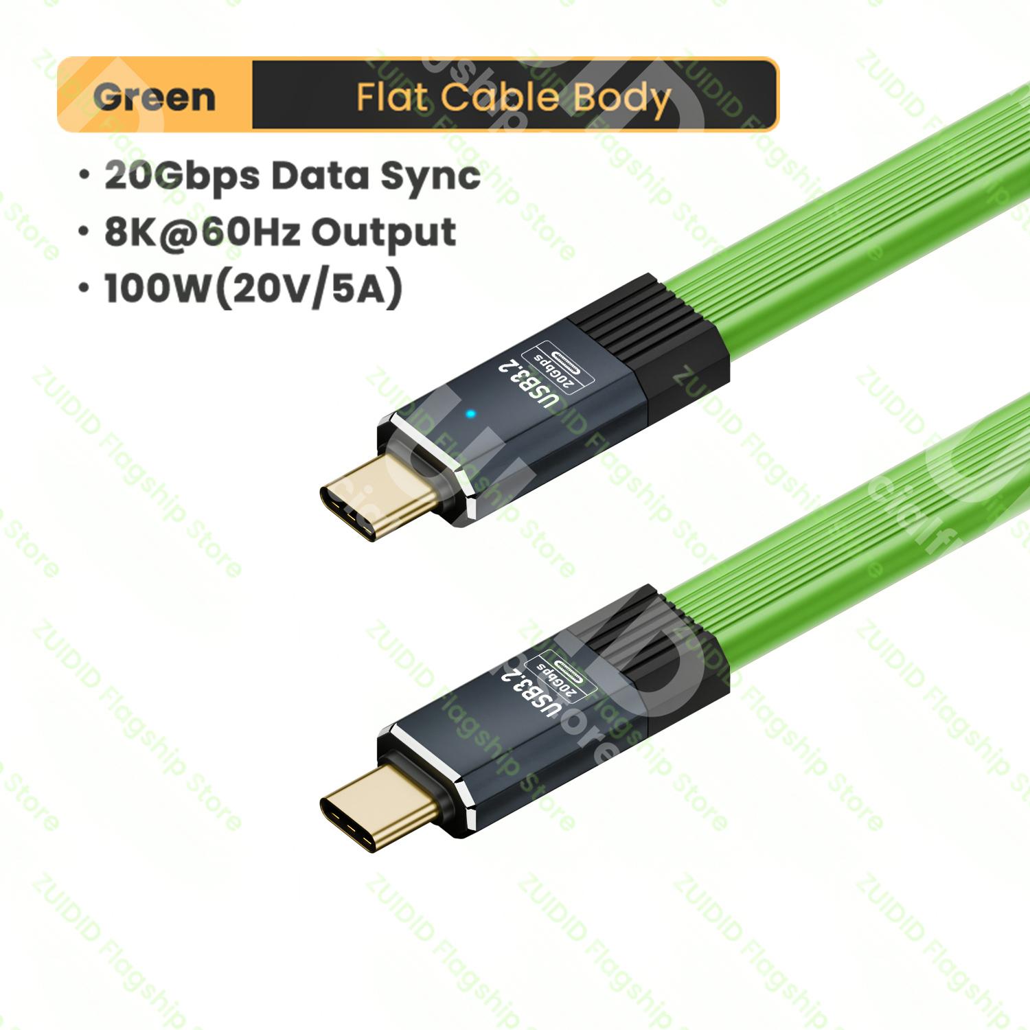 

USB3.2 20Gbps Type C to Type C Flat Data Cable ThunderBolt 3 PD100W 5A USB-C Cord For 15 Pro MacBook Pro Samsung 0.2M зелёный