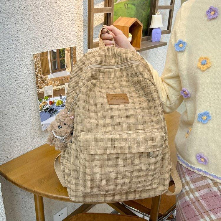 Mori Style Corduroy Plaid Schoolbag Female Junior High School Student Large Capacity Casual Versatile Backpack Travel Backpack