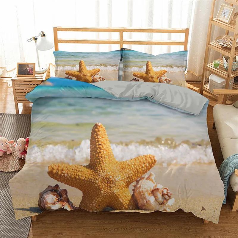 Starfish Duvet Cover Set Summer Beach Seashell Starfish Twin Bedding Set Polyester Hawaiian Tropical Nature Sea King Quilt Cover