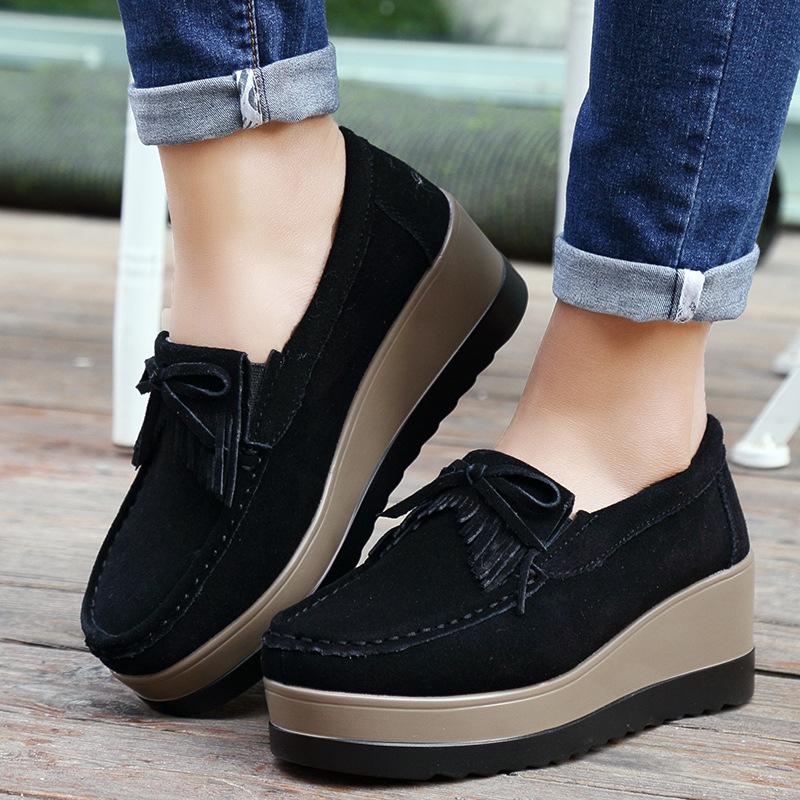 2025 New Spring Autumn Women wedge Suede Leather Shoes Lady Female Loafers Sweet Tassel Slip-ons Platform Moccasins
