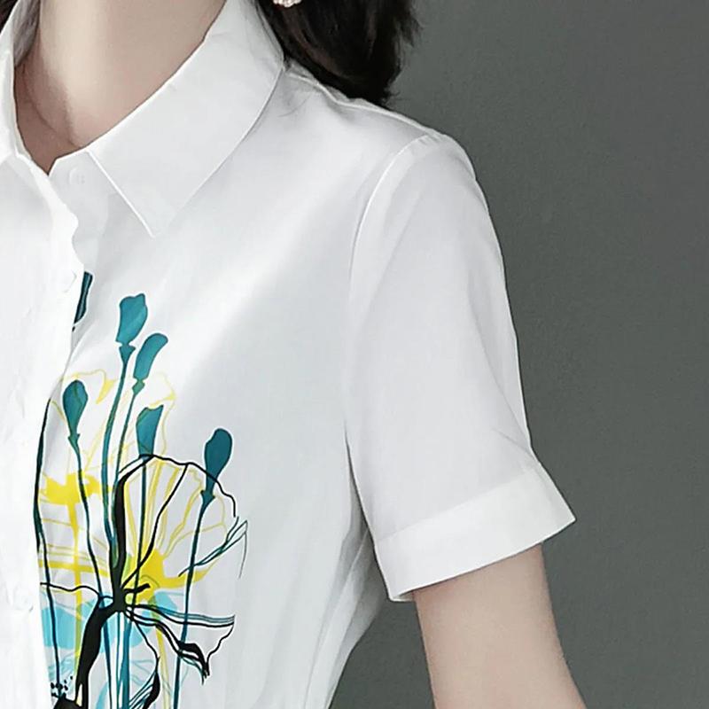 Polo Collar Printed Dress Elegant Temperament Shirt Dresses Comfortable OL Loose Dress with Lapel Neck