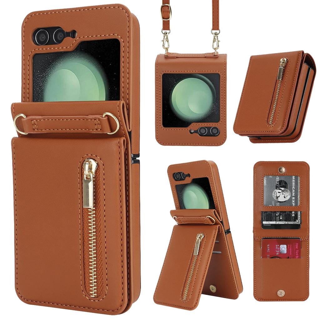 Zipper Wallet Vertical Cards Solt Crossbody Case for Samsung Galaxy Z Flip 7 SE 6 5 4 Shoulder Strap Lanyard Holder Purse Cover